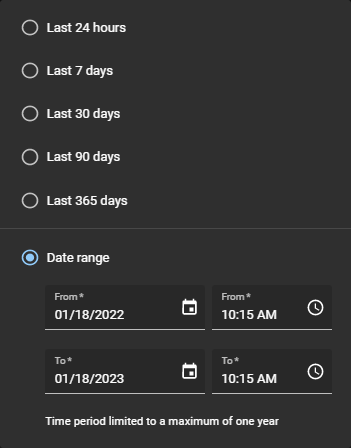 Date range picker in ClearID with the date range option fields completed.