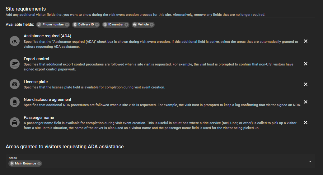 Visitor management for sites page in ClearID showing the Visit info tab including site requirements and areas granted to visitors requesting ADA assistance settings.