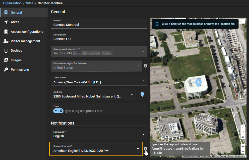 New site page in ClearID showing general site information fields and notifications settings with the regional format highlighted.