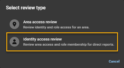 Select review type dialog in ClearID with the identity access review option highlighted.
