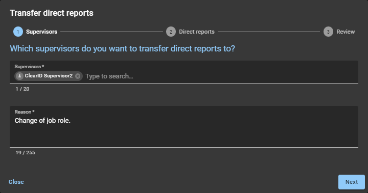 Transfer direct reports dialog in ClearID showing the Supervisors section with fields completed.