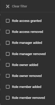 Activity type filters in ClearID role activity report.