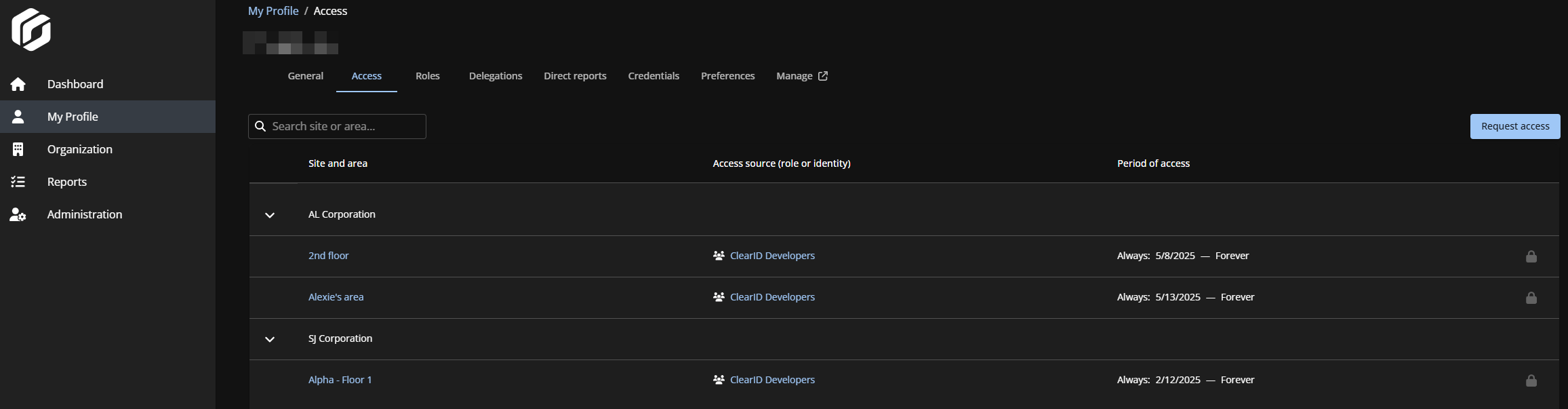 My profile page in Genetec ClearID™ with the access section displayed.