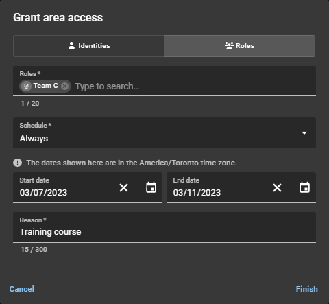 Grant area access dialog in ClearID with the Roles tab selected.