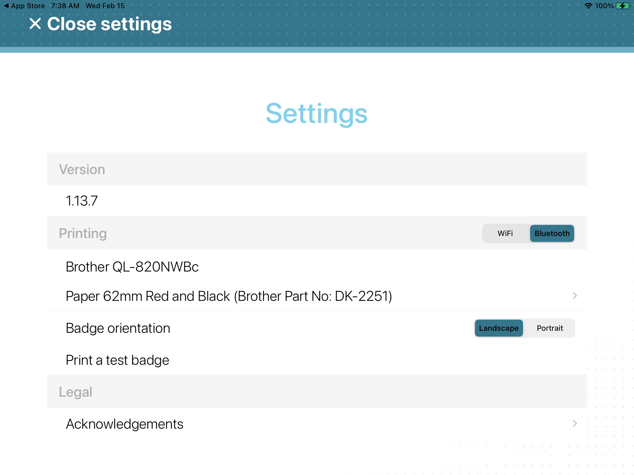 Settings page in the ClearID Self-Service Kiosk mobile app with the Bluetooth option selected and showing a printer paired with the device.