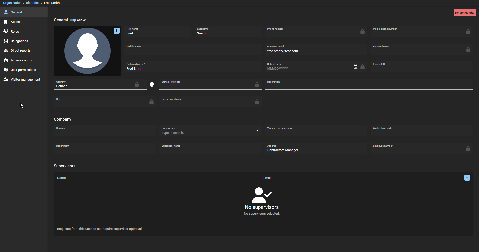 identities page in Genetec ClearID™ showing General identity information.