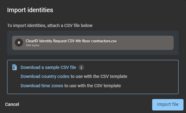 Import identities dialog in ClearID with a CSV file selected ready for import.