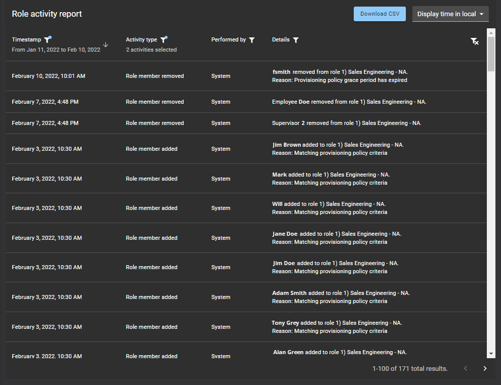 Role activity report in Genetec ClearID™.