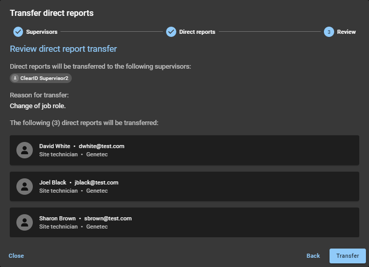Transfer direct reports dialog in ClearID showing the Review section with details about which direct reports are being transferred and to who.