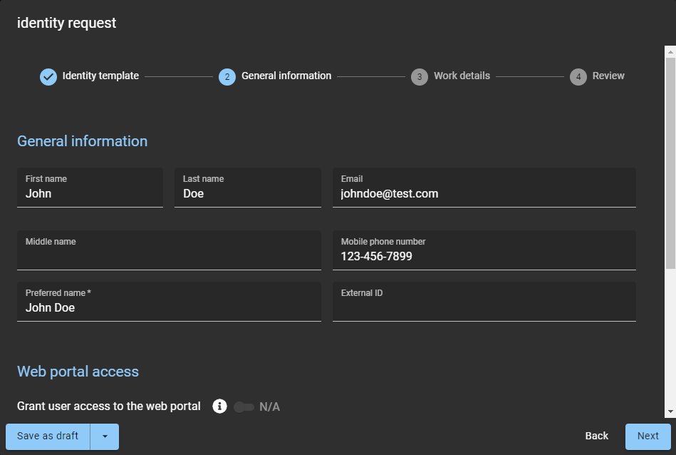 Identity request wizard in ClearID showing the General information and Web portal access sections and the Save as draft option.