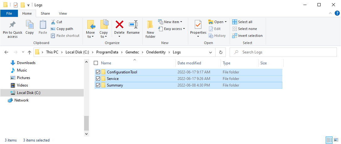 Windows explorer showing the location of summary log folders.