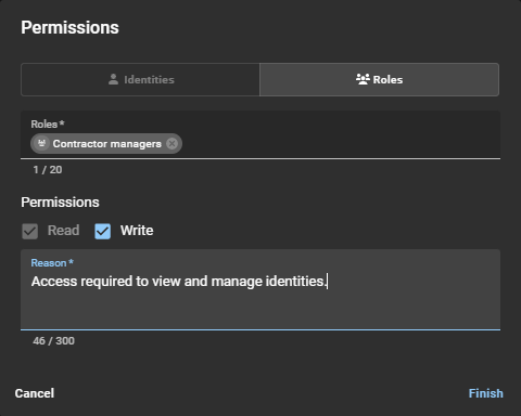 Permissions dialog in ClearID with the roles tab selected and fields completed.