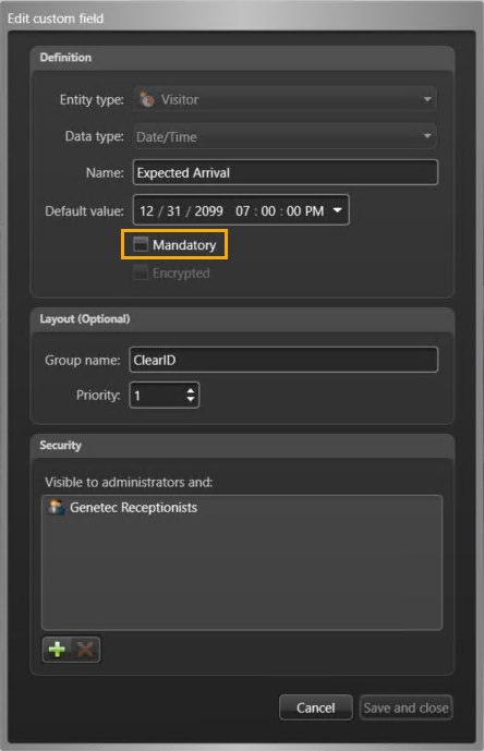 Edit custom field dialog in Config Tool showing the Custom field settings with the Mandatory checkbox highlighted.