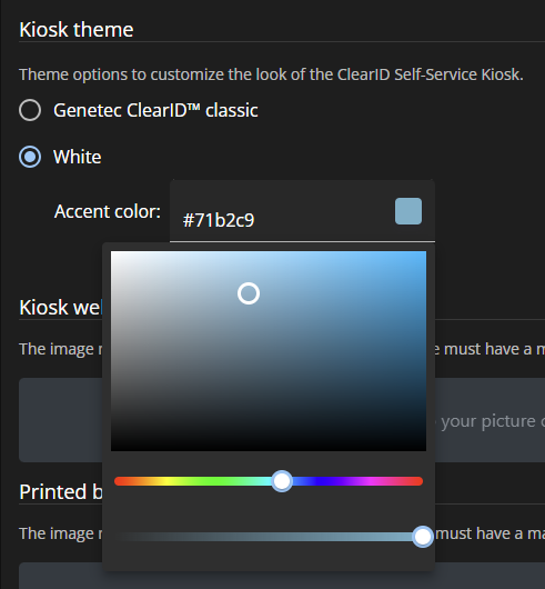 Kiosk theme section of the visitor management for sites page in ClearID showing the Kiosks theme and accent color options.