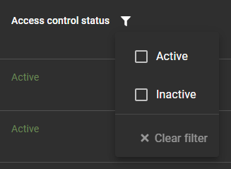 Access control status filter options in ClearID.