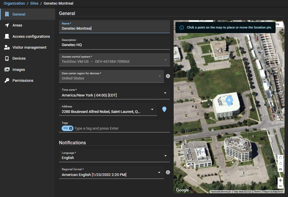 New site page in ClearID showing general site information with fields completed.