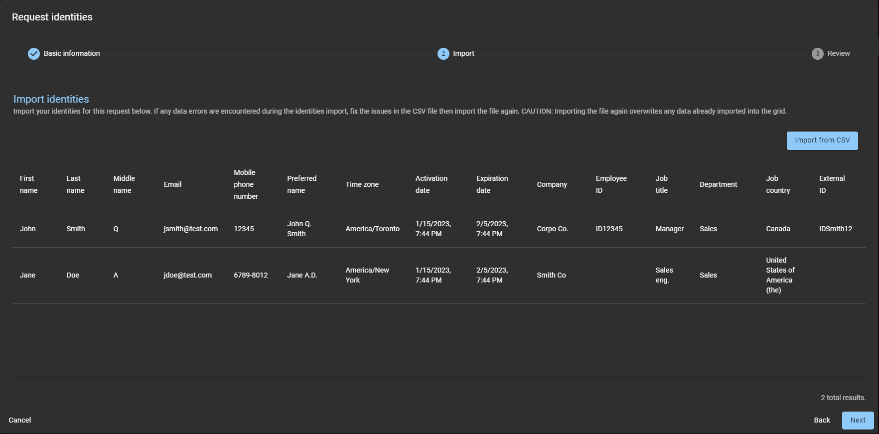 Request identities wizard in ClearID showing the import identities section including some imported identities.