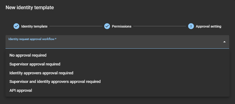Identity templates wizard in ClearID showing Identity Request Approval optionss.