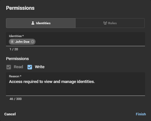 Permissions dialog in ClearID with the identities tab selected and fields completed.