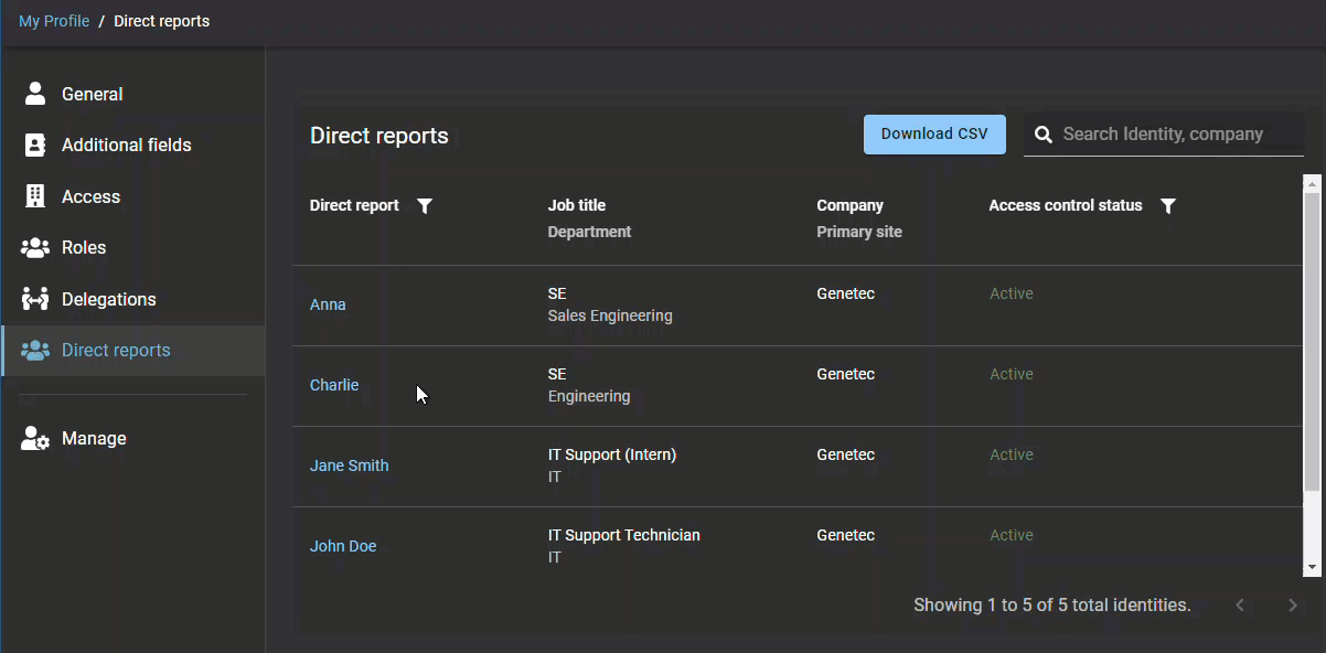 Animated GIF of the direct reports page in ClearID showing the options available in the navigation sidebar.