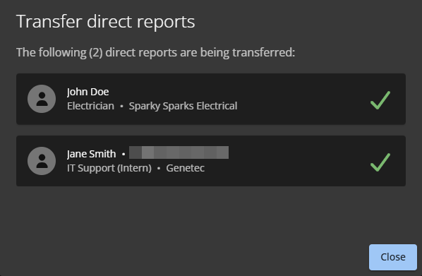 Transfer direct reports dialog in ClearID showing the Review section with confirmed details about which direct reports are being transferred and to who.