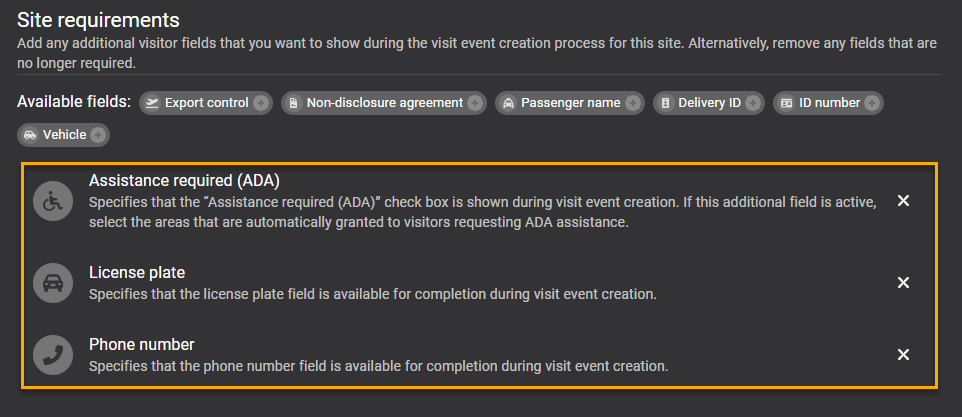Visitor management for sites page in ClearID showing the Visit info tab including site requirements settings with selected available fields settings highlighted.