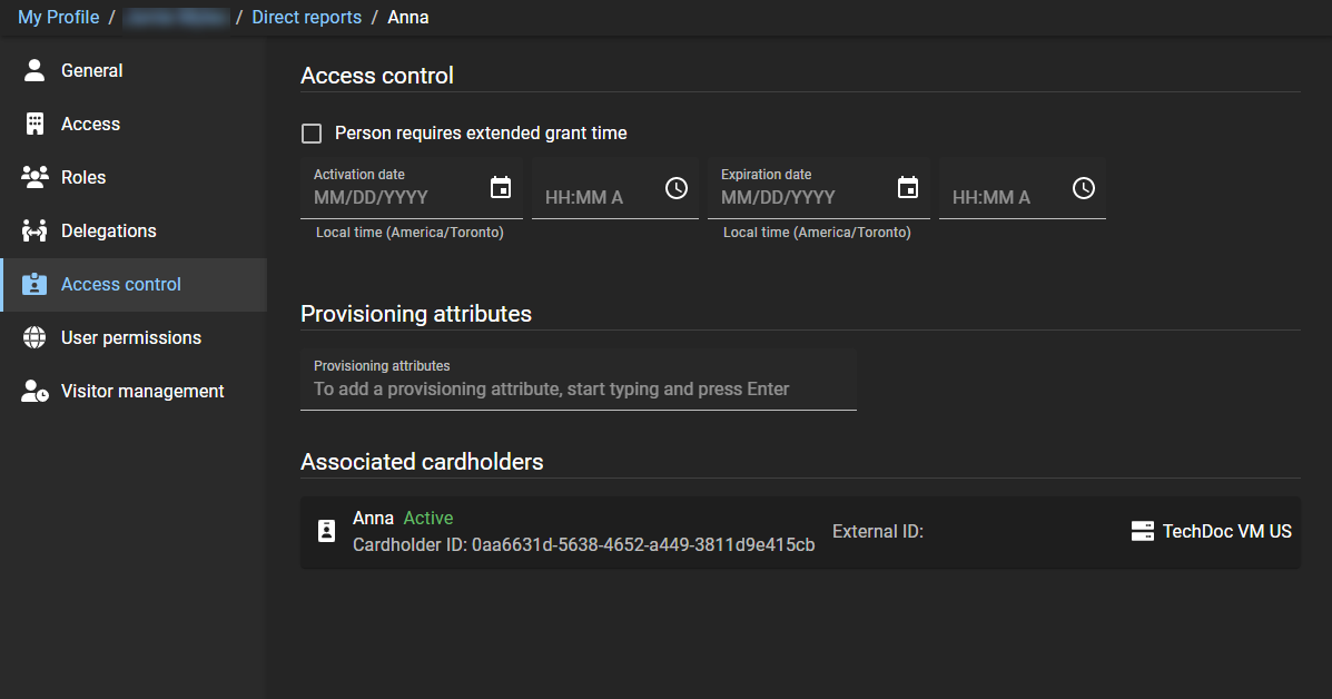 Access control page in ClearID showing access control settings for a direct report.