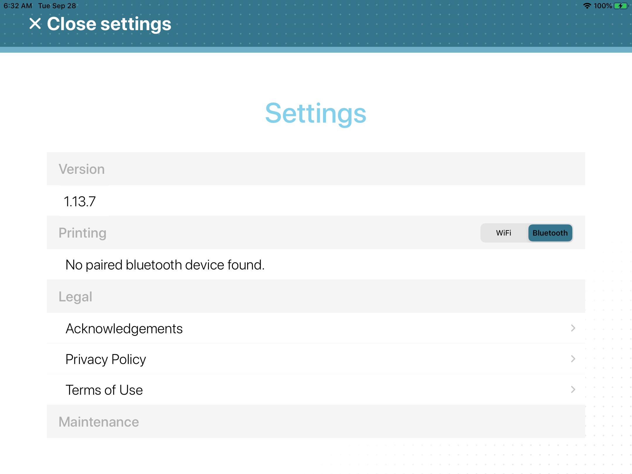 Settings page in the ClearID Self-Service Kiosk mobile app with the Bluetooth option selected.