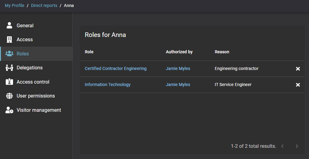Roles page in ClearID showing role information for a direct report.