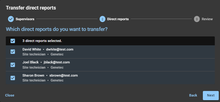 Transfer direct reports dialog in ClearID showing the Direct reports section with direct reports selected.
