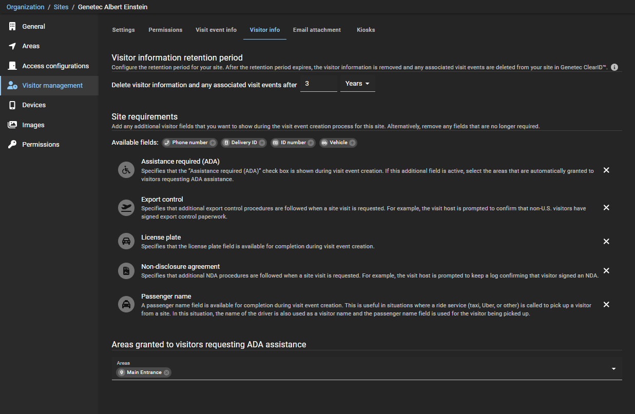 Visitor management for sites page in ClearID showing the Visit info tab including site requirements and areas granted to visitors requesting ADA assistance settings.