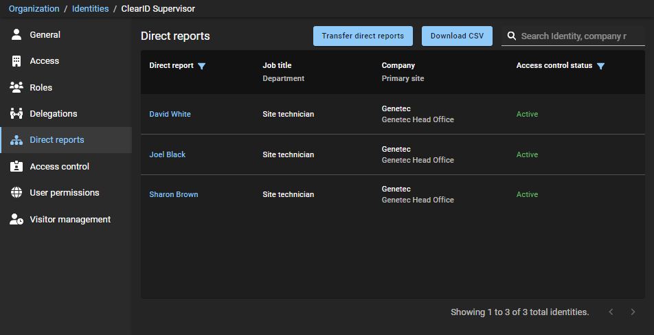 Direct reports page in ClearID showing the account administrators view of direct reports from the Identities page.