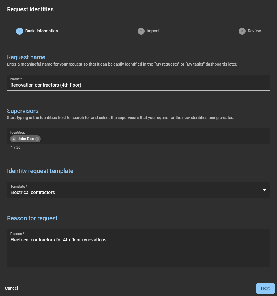 Request identities wizard in ClearID showing the basic information section including the request name, supervisors, identity request template, and reason for request details.