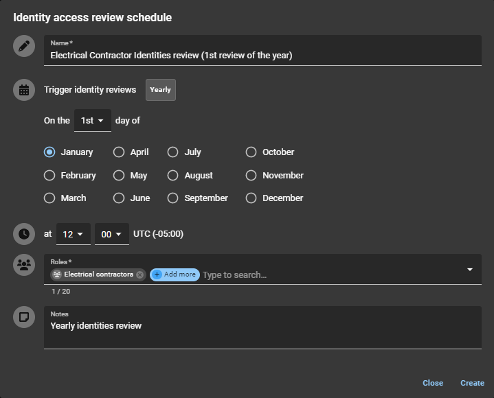 Identity access review schedule dialog in ClearID showing electrical contractors yearly schedule example.