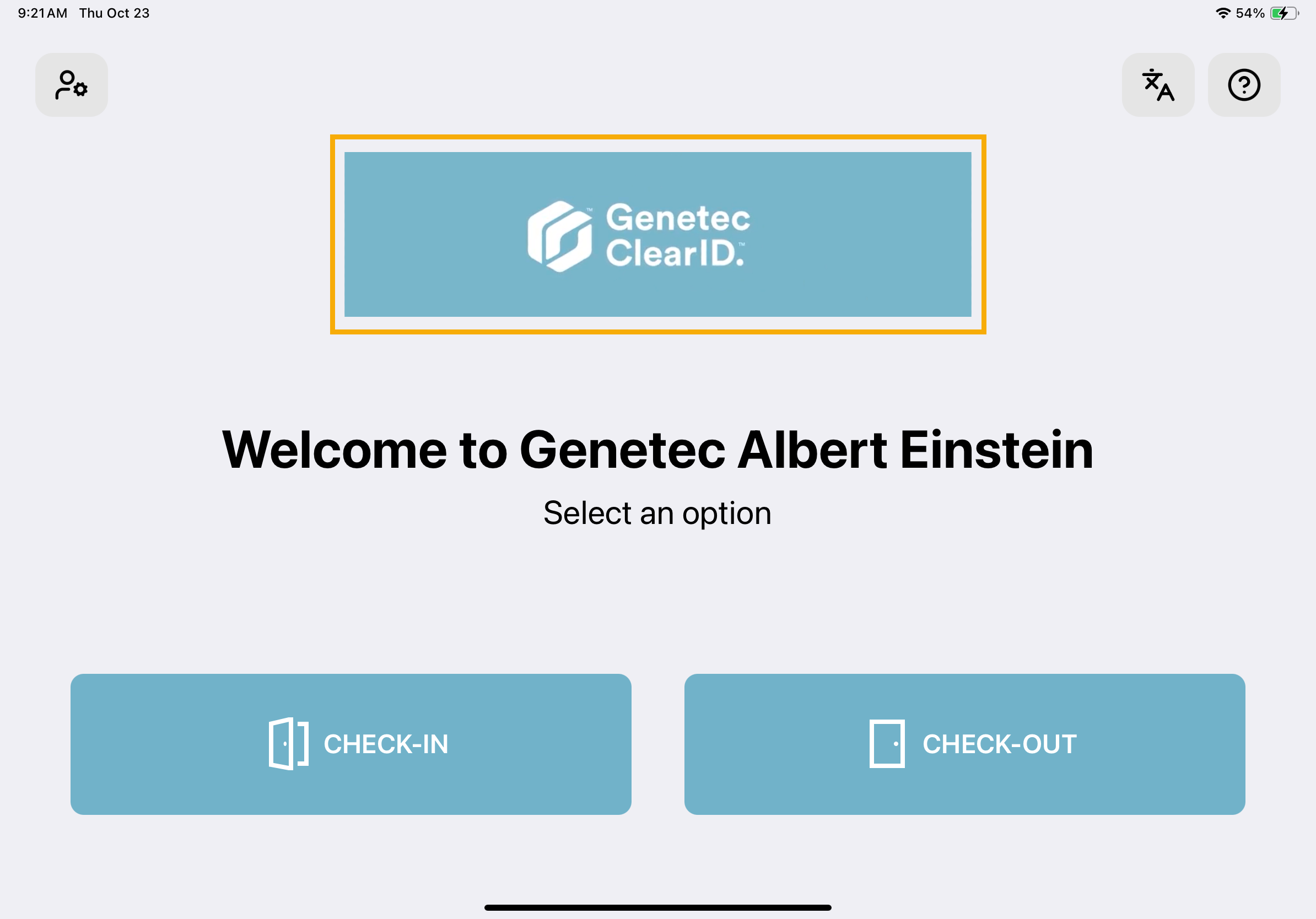 Welcome screen in the ClearID Self-Service Kiosk showing default welcome screen with a custom logo image highlighted.