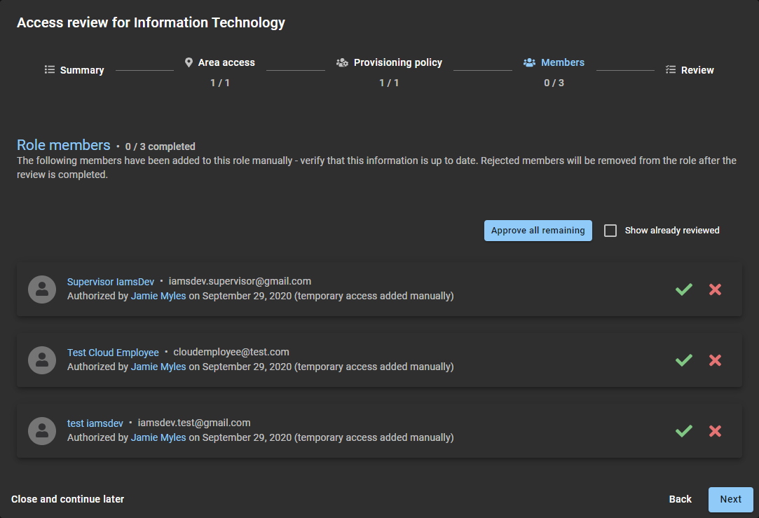 Members section of a role access review in ClearID.