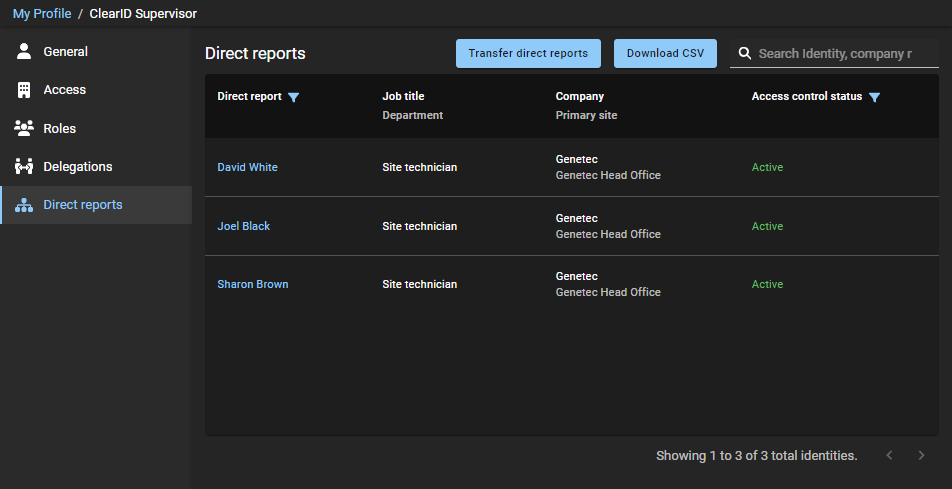 Direct reports page in ClearID showing the supervisors view of direct reports from My Profile.