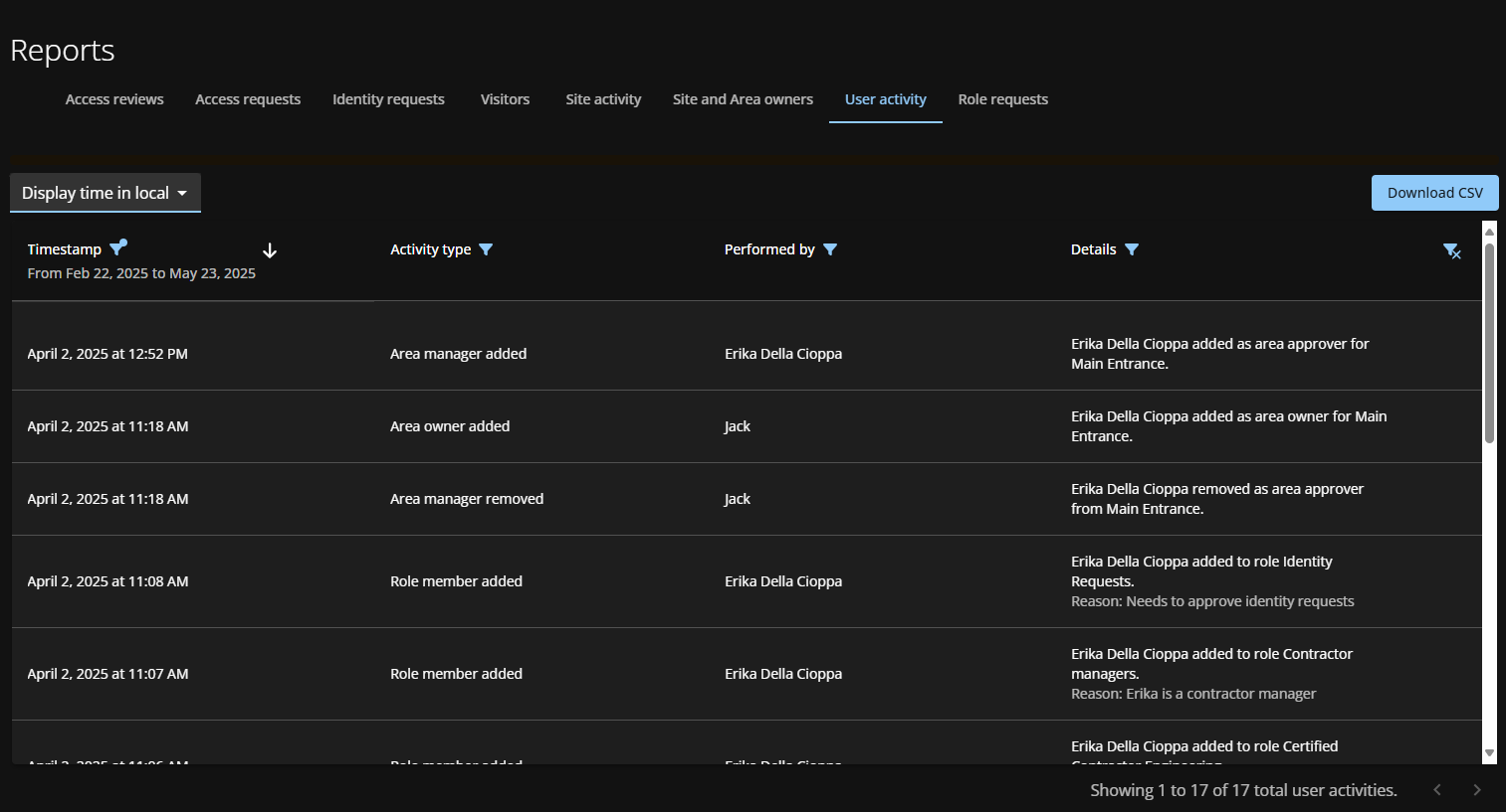 User activity report in Genetec ClearID™.