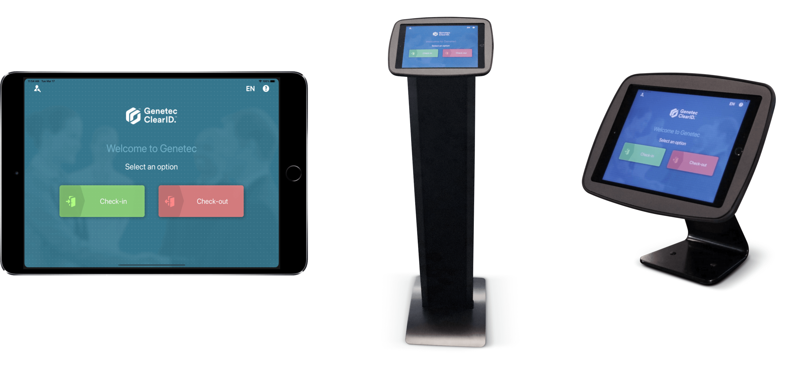 Example of Genetec ClearID™ Self-Service Kiosk mobile app showing Welcome screen on an iPad and also showing kiosk floor stand and tabletop stand options.