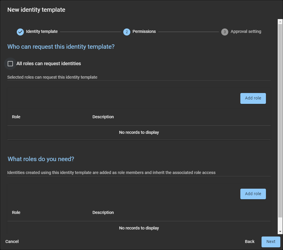 Identity templates wizard in ClearID showing blank Permissions settings including settings for roles and role access.