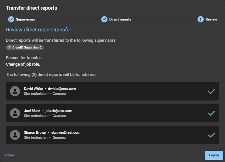 Transfer direct reports dialog in ClearID showing the Review section with confirmed details about which direct reports are being transferred and to who.