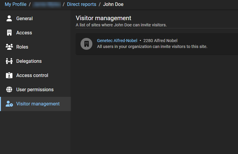 Visitor management page in ClearID showing visitor management site information for a direct report.
