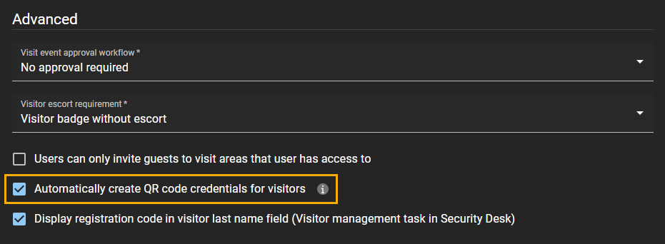 Advanced settings section of visitor management page in ClearID with Automatically create QR code credentials for visitors selected.