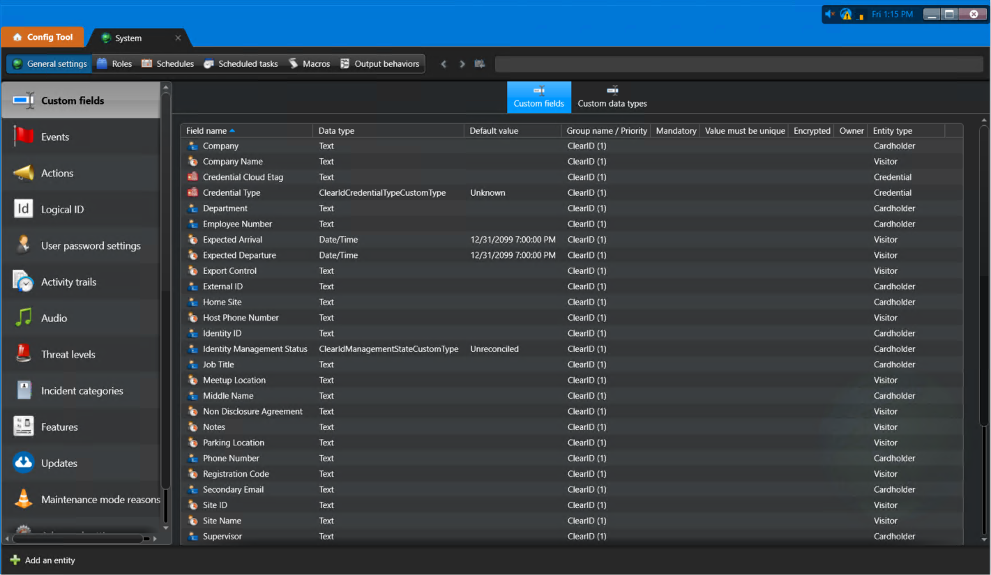 System task in Config Tool showing the Custom fields page.