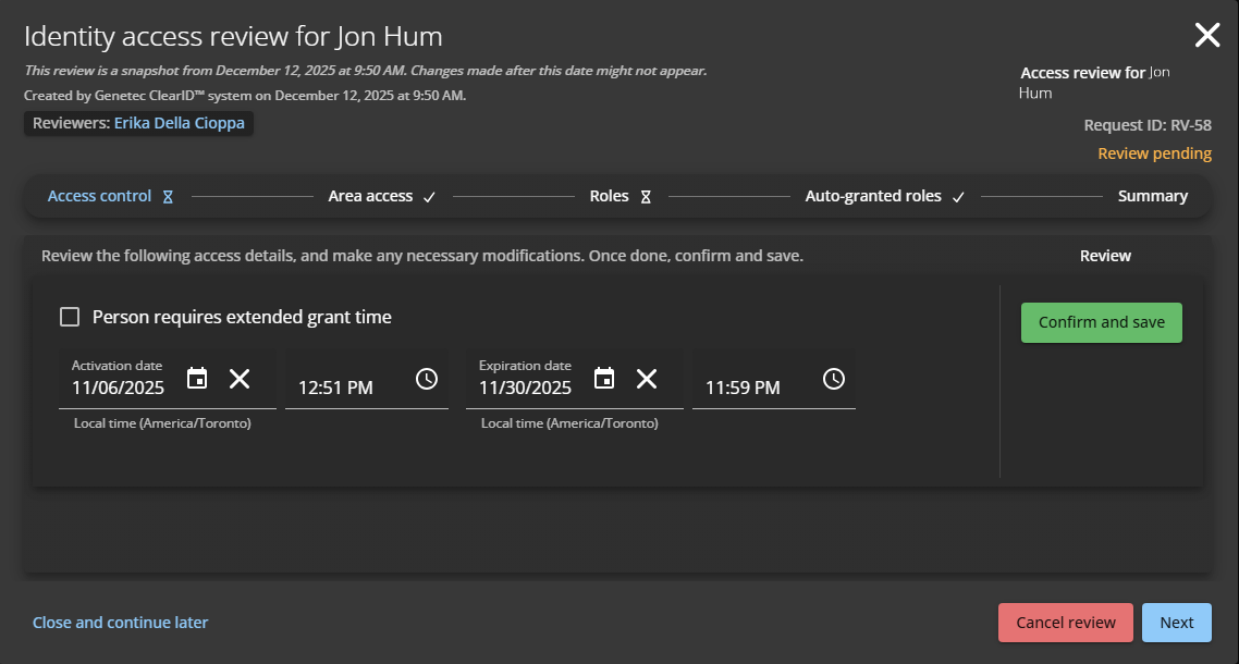 Access control section of an identity access review in ClearID.