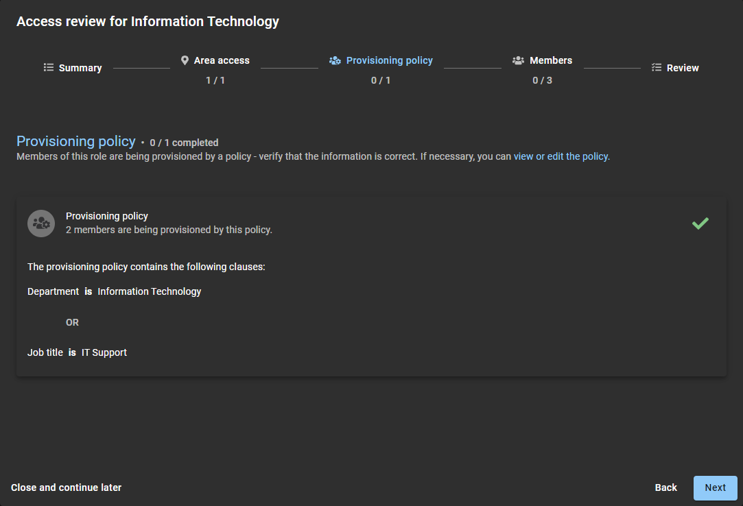 Provisioning policy section of a role access review in ClearID.