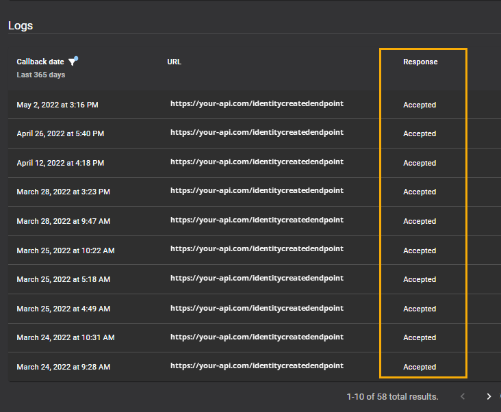 Logs section of the Webhook details page in ClearID showing logs for an active webhook including Callback date, URL, and Accepted Response states.