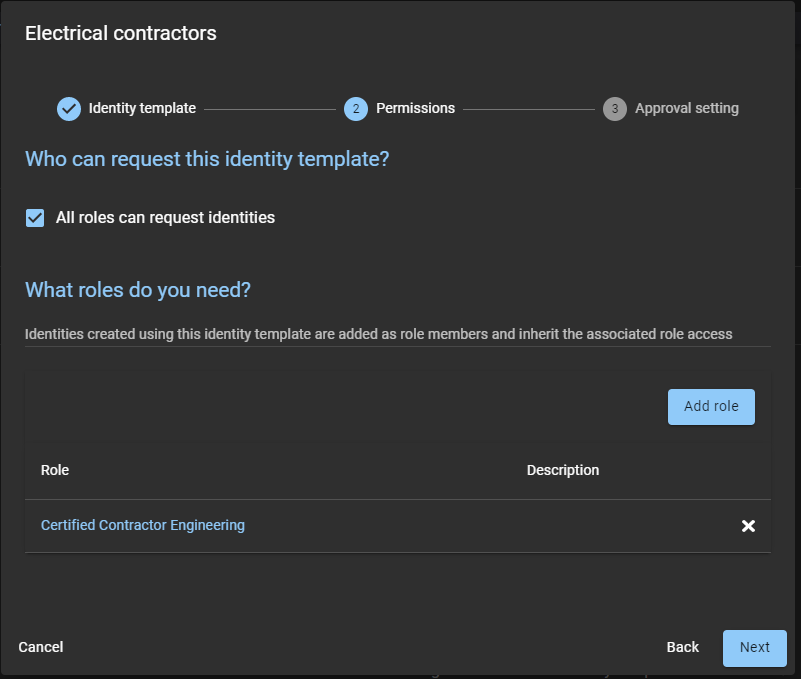 Identity templates wizard in ClearID showing completed Permissions settings.