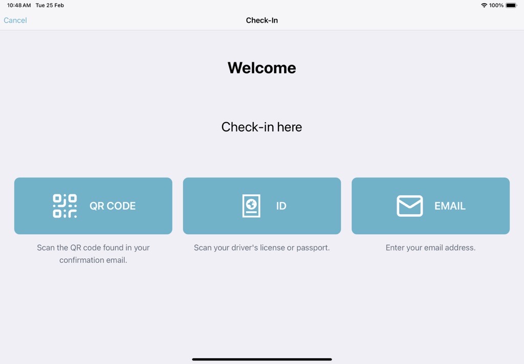 Welcome page in the Genetec ClearID Self-Service Kiosk showing 3 check-in options.