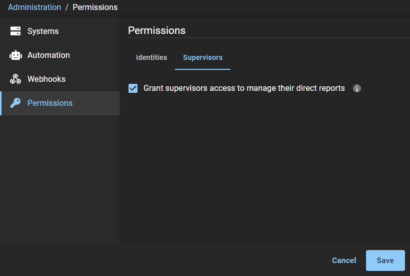 Permissions page in ClearID showing the supervisors tab. The supervisors access for managing direct reports check box is selected.